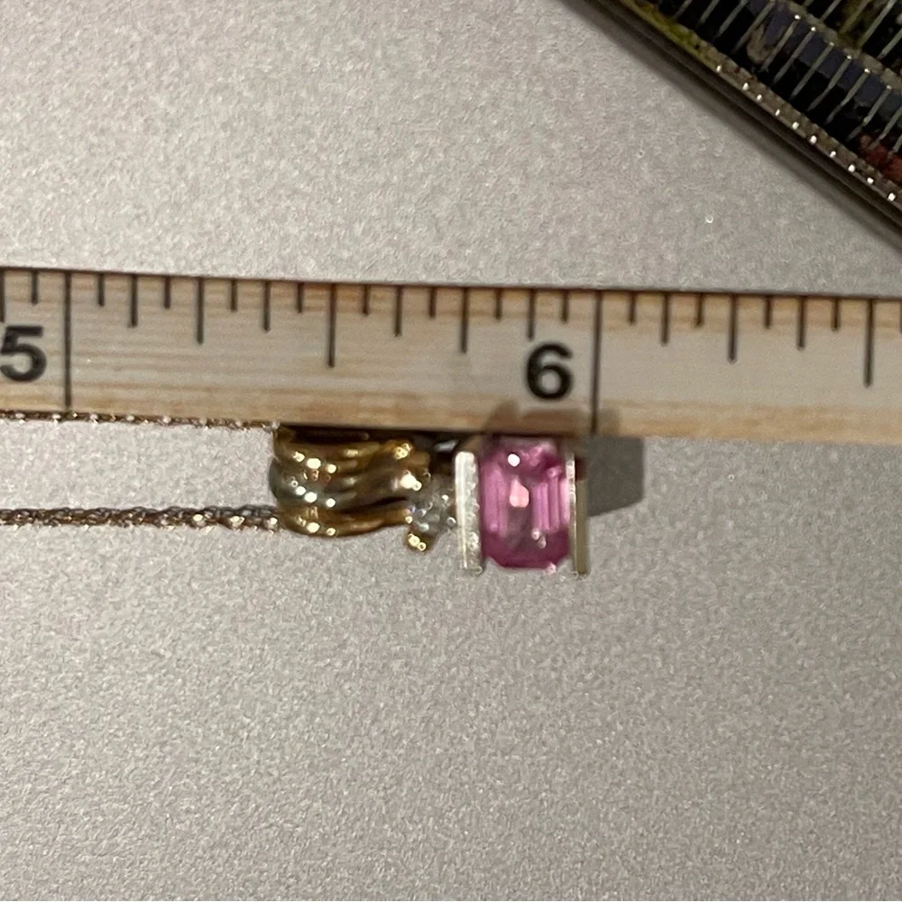 Pink sapphire, two tone, 14 karat gold modernist, diamond pendant - Picture 7 of 15